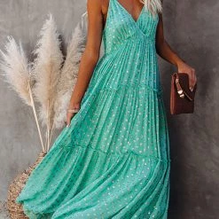 Levency Vacation Mood Metallic Polka Dot Maxi Dress New In