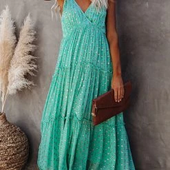 Levency Vacation Mood Metallic Polka Dot Maxi Dress New In