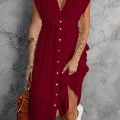 Levency Button V Neck Midi Dress New In