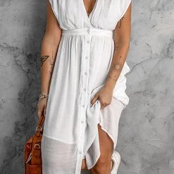 Levency Button V Neck Midi Dress New In