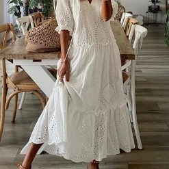 Levency Eyelet Tassels Tiered Maxi Dress