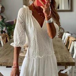 Levency Eyelet Tassels Tiered Maxi Dress