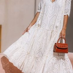 Levency Eyelet Tassels Tiered Maxi Dress