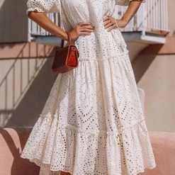 Levency Eyelet Tassels Tiered Maxi Dress