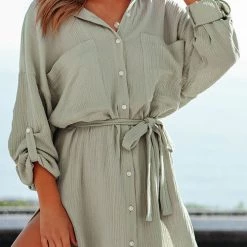 Levency New In Tie Waist Button Side Slit Tunic Cover Dress