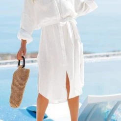 Levency New In Tie Waist Button Side Slit Tunic Cover Dress