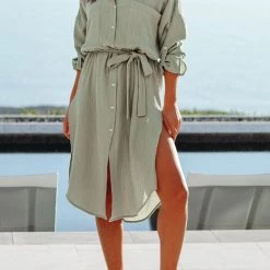 Levency New In Tie Waist Button Side Slit Tunic Cover Dress