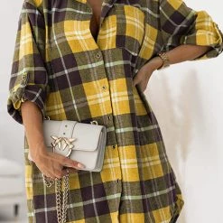 Levency Oversized Plaid Button Shirt Dress