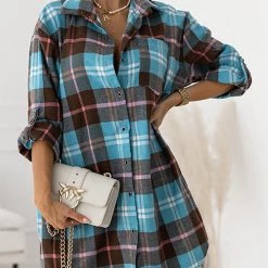 Levency Oversized Plaid Button Shirt Dress