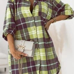 Levency Oversized Plaid Button Shirt Dress