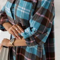Levency Oversized Plaid Button Shirt Dress