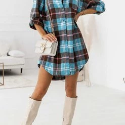 Levency Oversized Plaid Button Shirt Dress