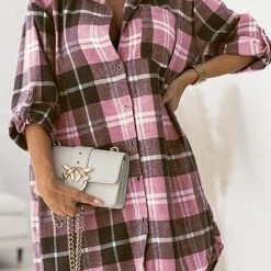 Levency Oversized Plaid Button Shirt Dress