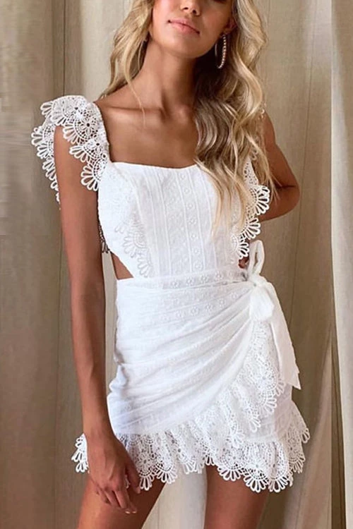 Levency Lace Trim Wrap Front Mini Dress 3 Levency Lace Trim Wrap Front Mini Dress