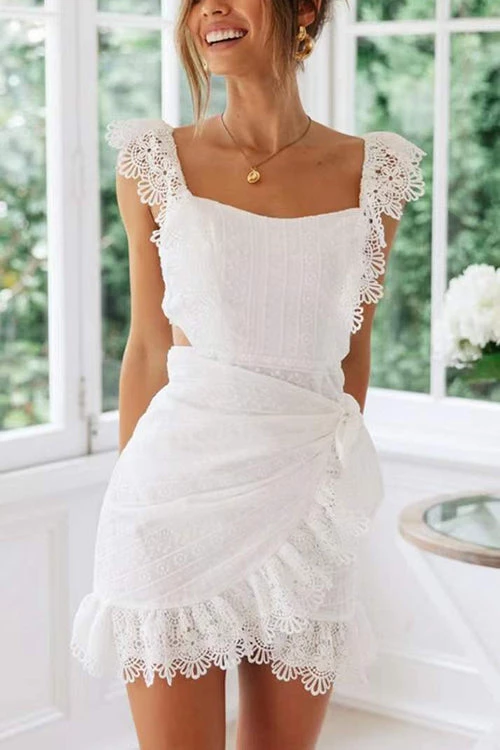 Levency Lace Trim Wrap Front Mini Dress 5 Levency Lace Trim Wrap Front Mini Dress