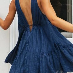 Levency New In V Neck Drawstring Backless Babydoll Dress