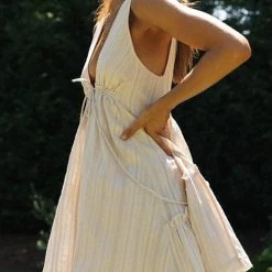 Levency New In V Neck Drawstring Backless Babydoll Dress