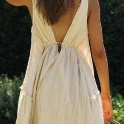 Levency New In V Neck Drawstring Backless Babydoll Dress