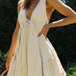 Levency New In V Neck Drawstring Backless Babydoll Dress