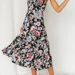 Levency Floral Tie Straps Ruffles Midi Dress