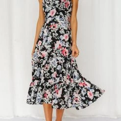 Levency Floral Tie Straps Ruffles Midi Dress