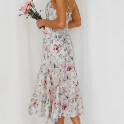 Levency Floral Tie Straps Ruffles Midi Dress