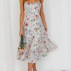 Levency Floral Tie Straps Ruffles Midi Dress