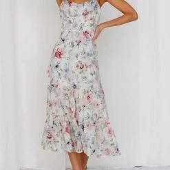 Levency Floral Tie Straps Ruffles Midi Dress