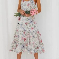 Levency Floral Tie Straps Ruffles Midi Dress