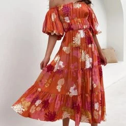 Levency Floral Off Shoulder Shirring Maxi Dress