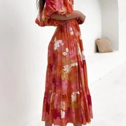 Levency Floral Off Shoulder Shirring Maxi Dress
