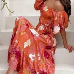 Levency Floral Off Shoulder Shirring Maxi Dress