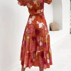 Levency Floral Off Shoulder Shirring Maxi Dress
