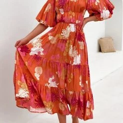Levency Floral Off Shoulder Shirring Maxi Dress