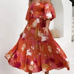 Levency Floral Off Shoulder Shirring Maxi Dress