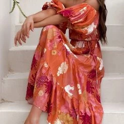 Levency Floral Off Shoulder Shirring Maxi Dress