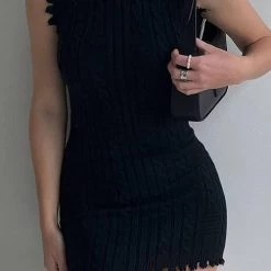 Levency New In Irregular Raw Eage Sweater Mini Dress