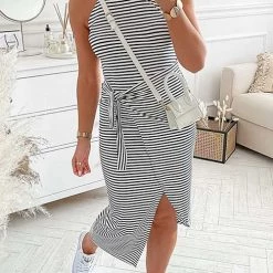 Levency New In Striped Wrap Tie Asymmetric Halter Midi Dress