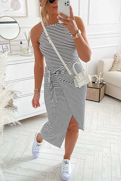 Levency New In Striped Wrap Tie Asymmetric Halter Midi Dress 1 Levency New In Striped Wrap Tie Asymmetric Halter Midi Dress