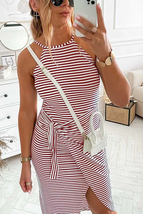 Levency New In Striped Wrap Tie Asymmetric Halter Midi Dress 6 Levency New In Striped Wrap Tie Asymmetric Halter Midi Dress