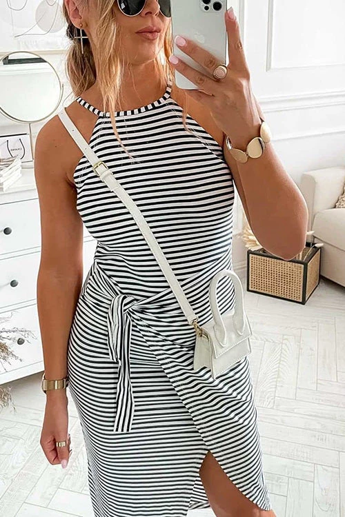 Levency New In Striped Wrap Tie Asymmetric Halter Midi Dress 9 Levency New In Striped Wrap Tie Asymmetric Halter Midi Dress