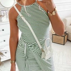 Levency New In Striped Wrap Tie Asymmetric Halter Midi Dress