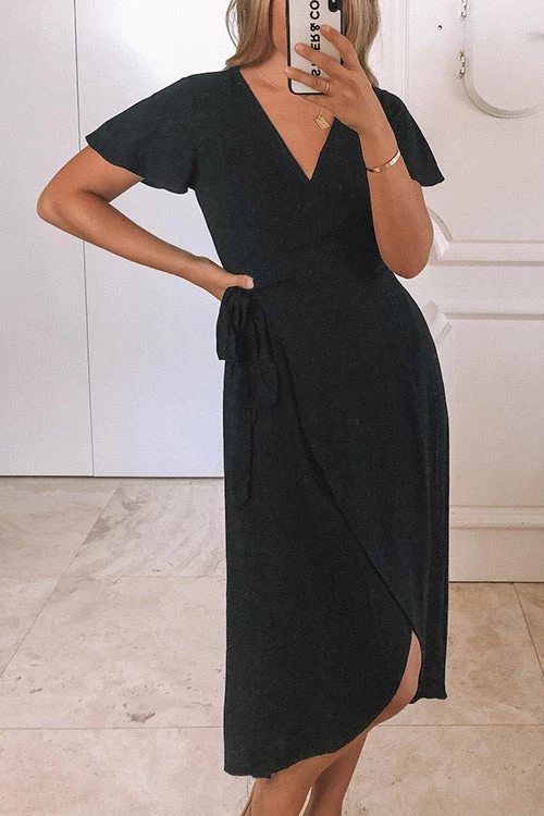 Levency Solid V Neck Tulip Wrap Dress New In 5 Levency Solid V Neck Tulip Wrap Dress New In