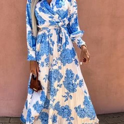 Levency Floral Belted Long Sleeve Maxi Dress