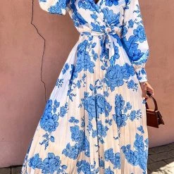 Levency Floral Belted Long Sleeve Maxi Dress