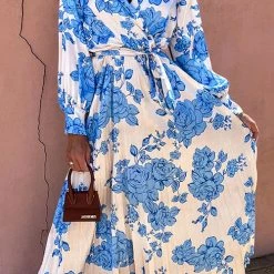 Levency Floral Belted Long Sleeve Maxi Dress