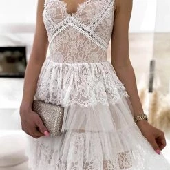 Levency Lace Mesh V Neck Tank Cake Dress 22 Levency Lace Mesh V Neck Tank Cake Dress