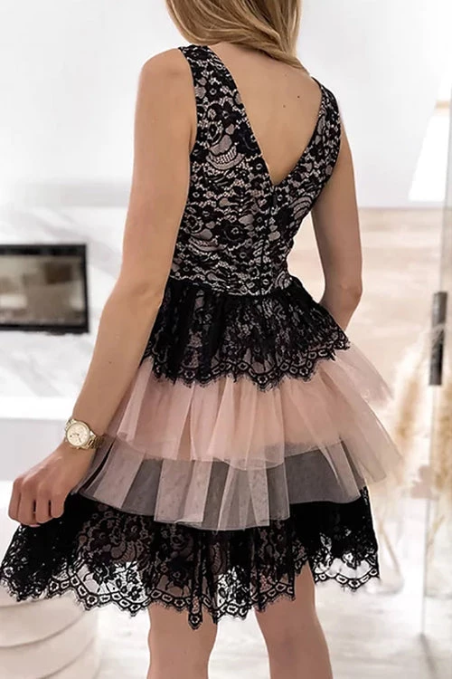 Levency Lace Mesh V Neck Tank Cake Dress 7 Levency Lace Mesh V Neck Tank Cake Dress