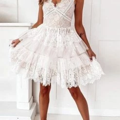 Levency Lace Mesh V Neck Tank Cake Dress 31 Levency Lace Mesh V Neck Tank Cake Dress