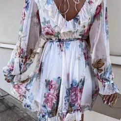 Levency New In Ruffles Floral V Neck Long Sleeve Mini Dress